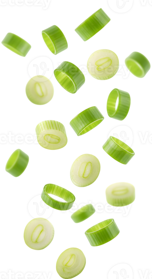 Floating Slices of Fresh Green Onion with a Transparent Background png