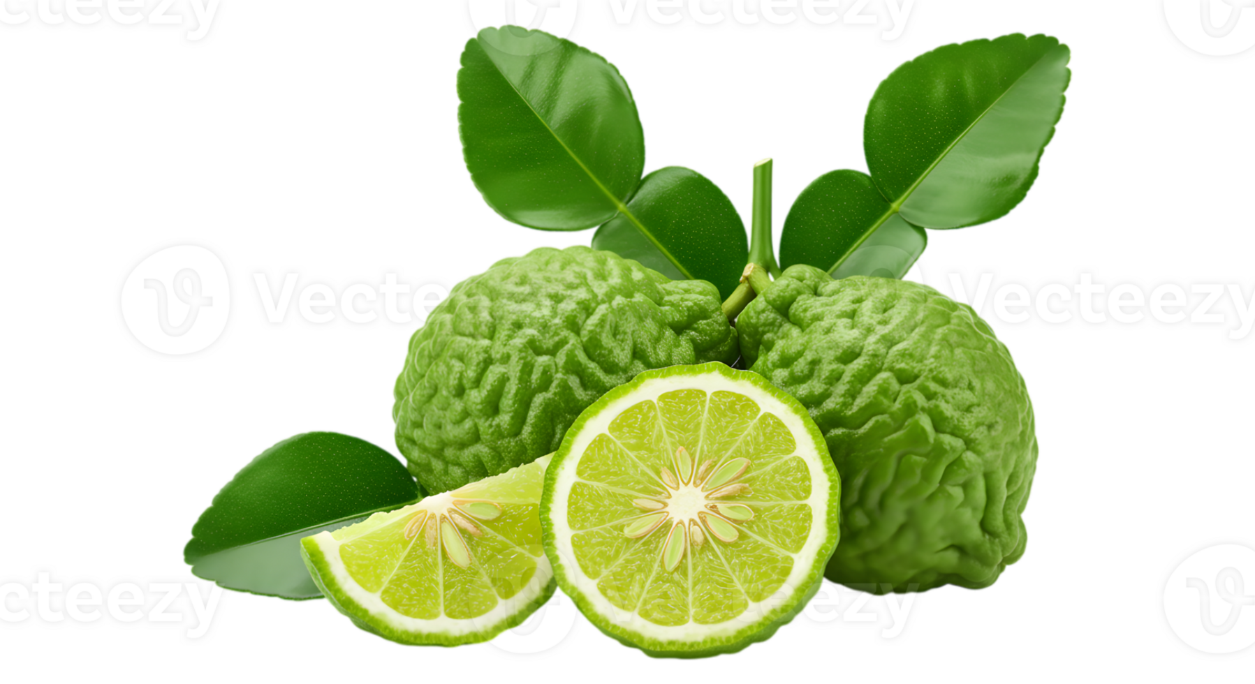 Fresh kaffir lime with sliced pieces, aromatic citrus fruit on transparent background png