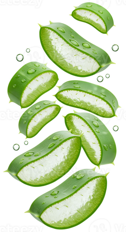 Fresh Aloe Vera Slices with Water Droplets on a Transparent Background, Displaying Natural Beauty and Health Benefits png