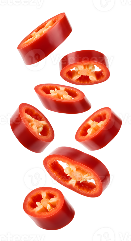 Vibrant red chili pepper slices dynamically arranged on a transparent backdrop png