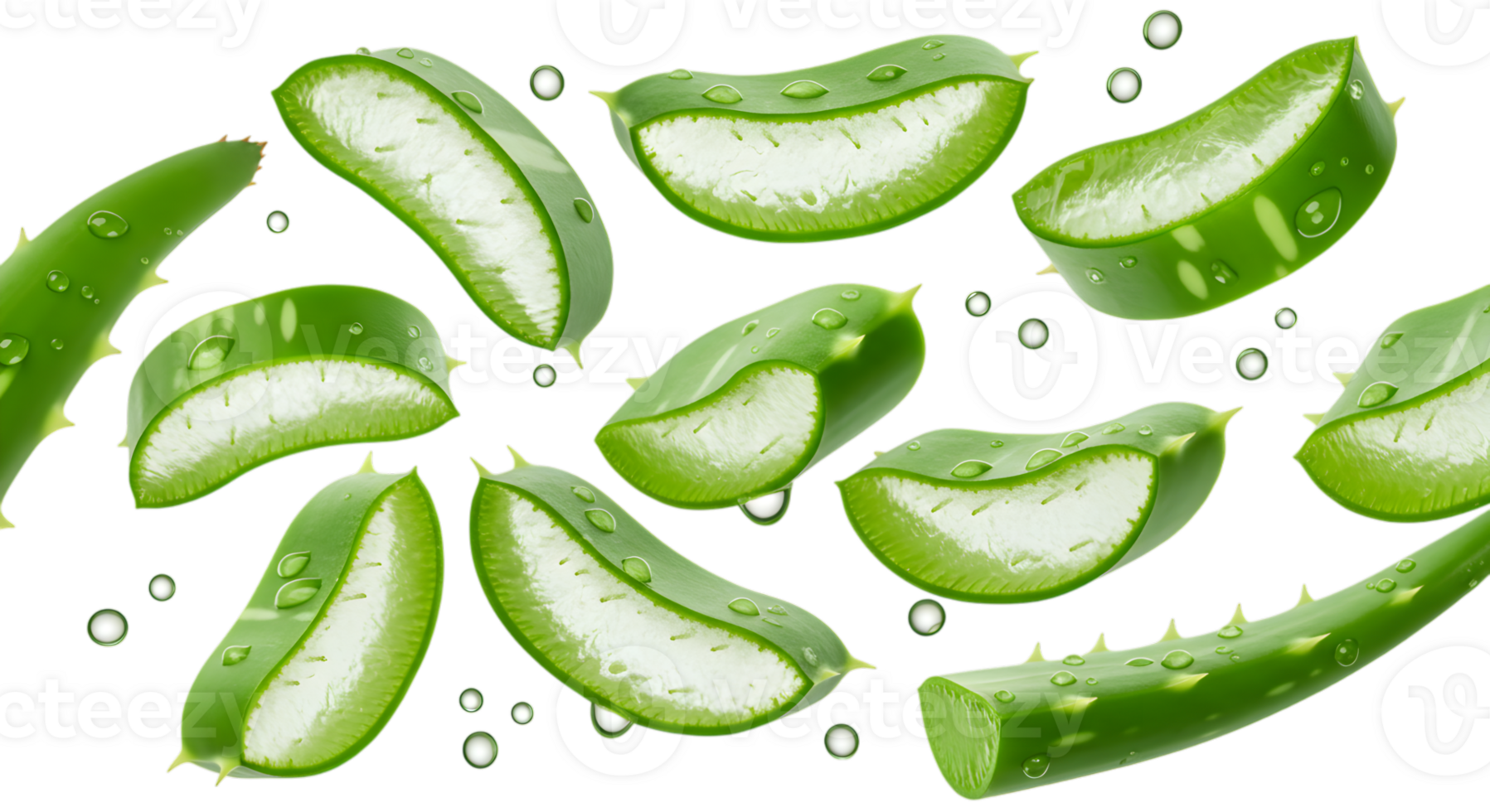 Fresh Aloe Vera Slices with Water Droplets Floating on Transparent Background png