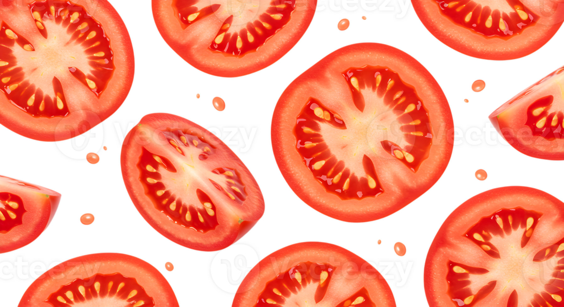 Floating tomato slices on a transparent background, vibrant and refreshing png