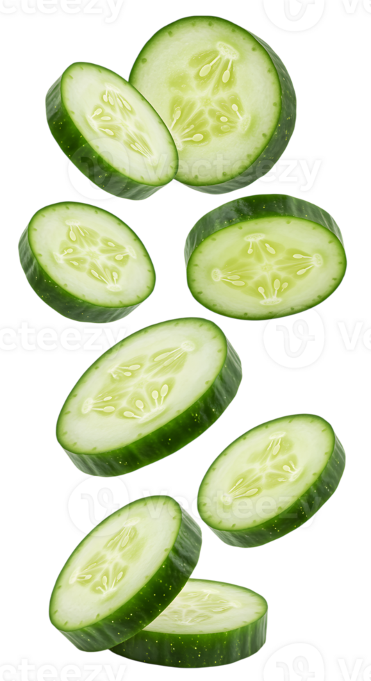 Freshness in motion, Sliced cucumbers create a refreshing cascade on a transparent backdrop png