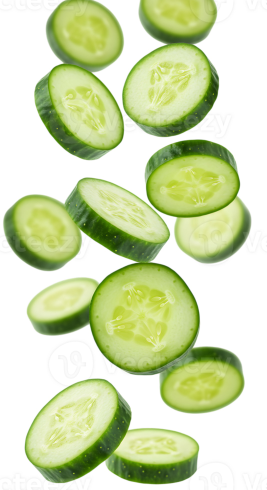 Fresh Cucumber Slices Floating on a Transparent Background - Healthy Eating png