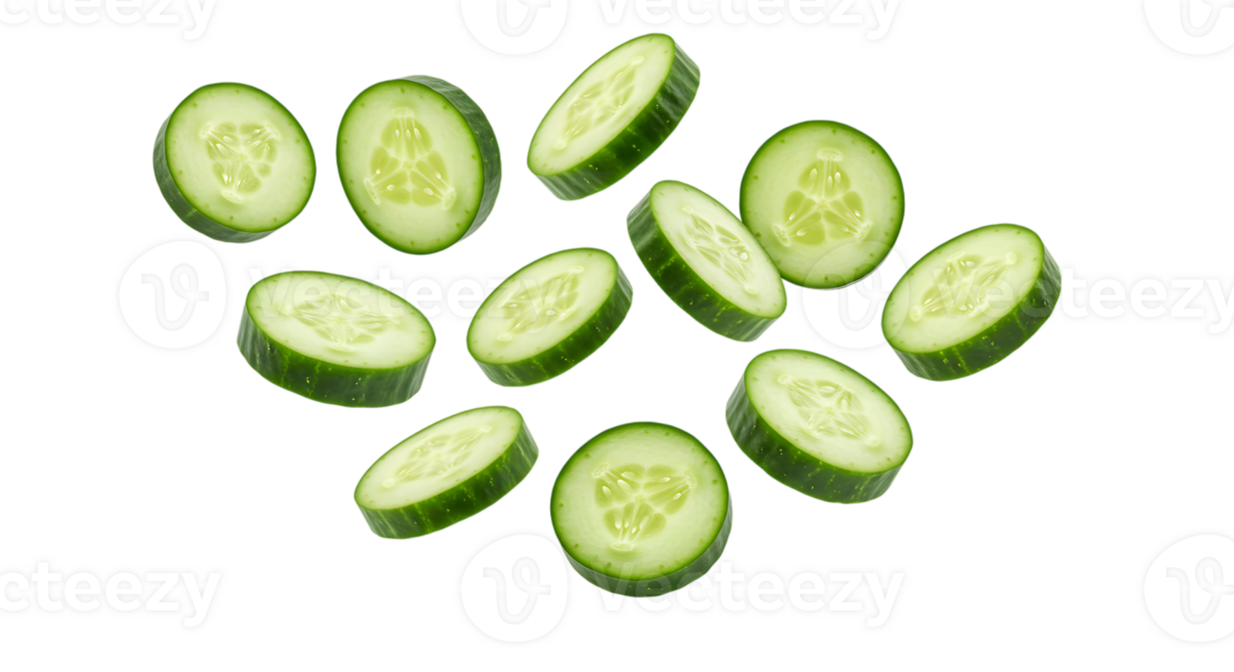 Fresh Cucumber Slices Floating on a Transparent Backdrop Creating Visual Delight png