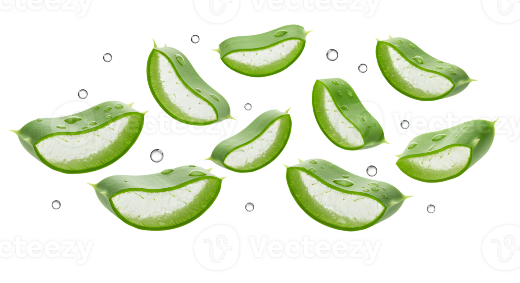 Floating Slices of Fresh Aloe Vera with Water Droplets on Transparent Background png