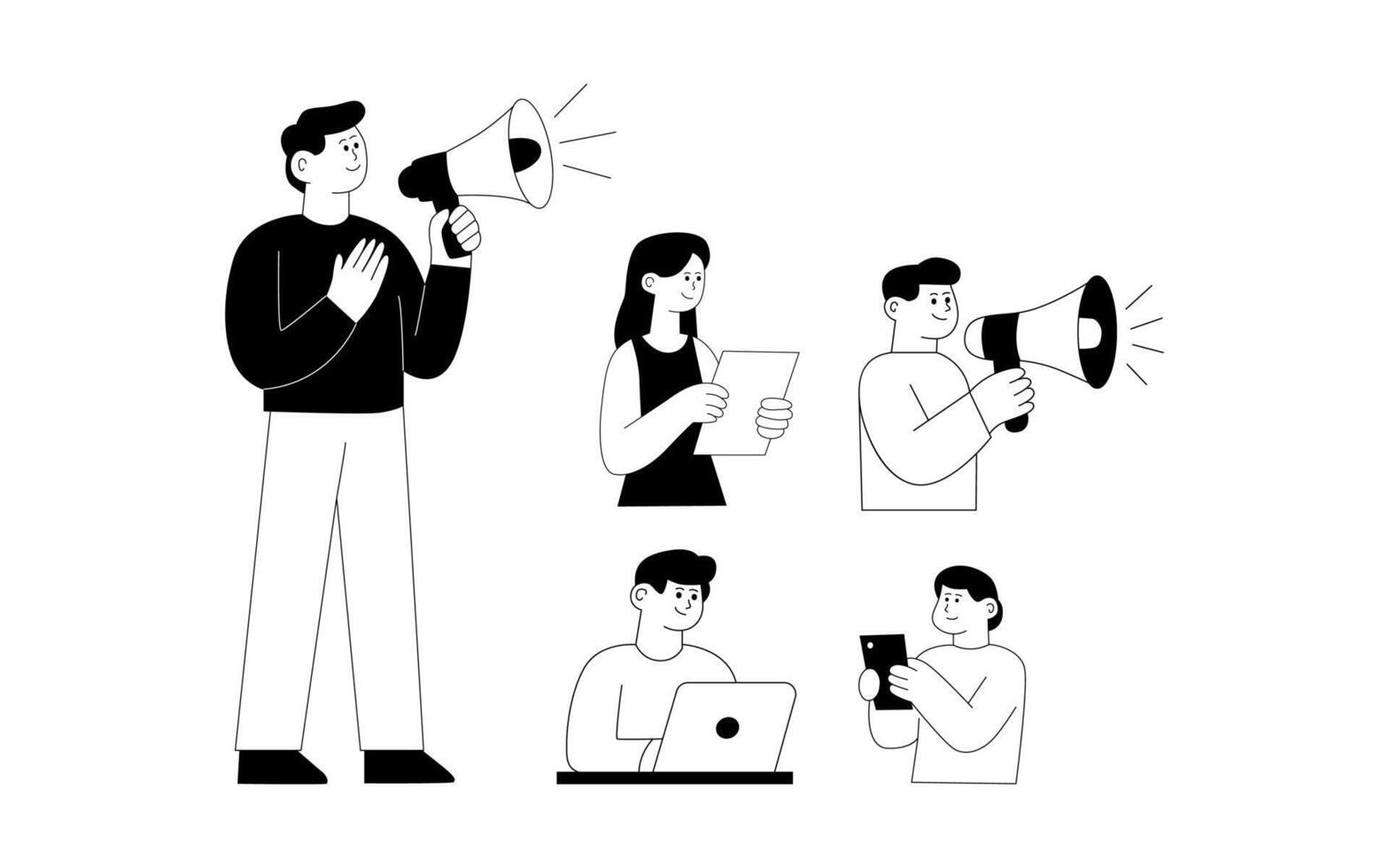 People with megaphone and laptop in different poses vector