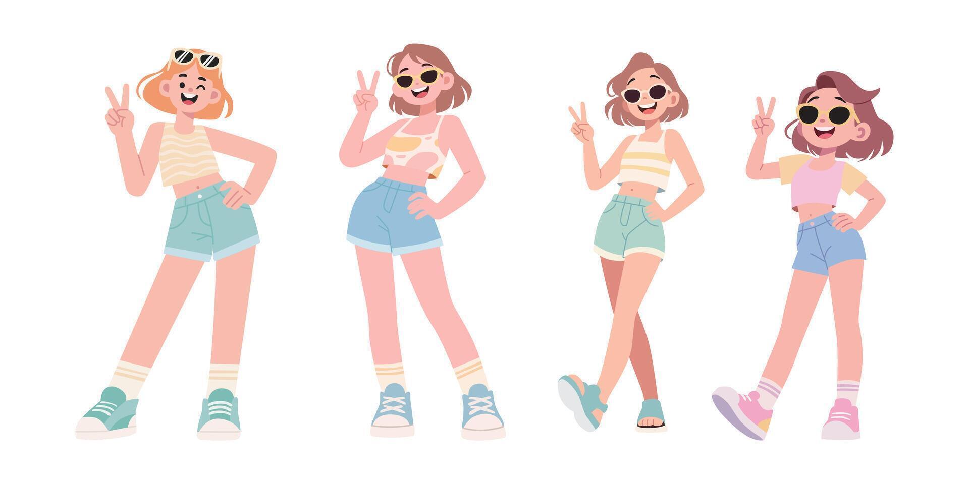 Flat Illustration Character Cheerful Teen Model Posing in Trendy Summer Clothes vector