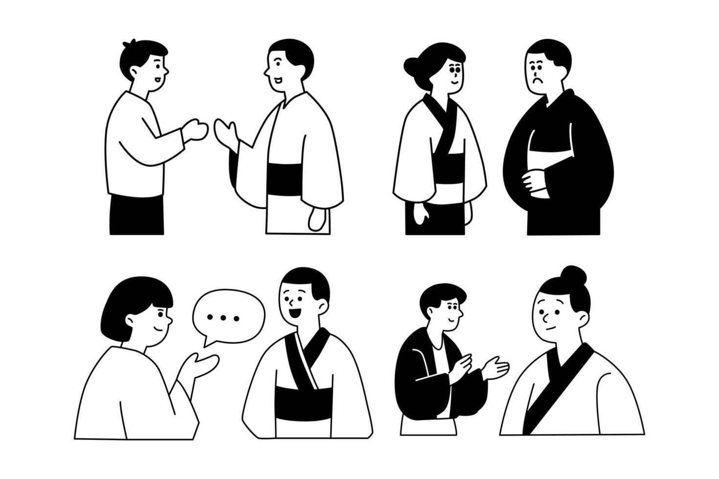 Japanese people in kimono, black and white illustration vector