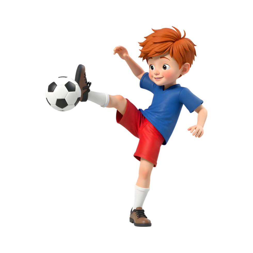 A 3D Rendering of a Cheerful Boy Kicking a Soccer Ball with Skill and Agility against Transparent Background png