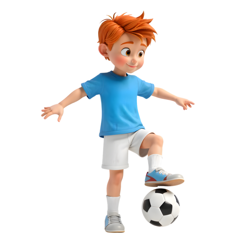 3D rendering of a cheerful young boy with red hair confidently balancing a soccer ball with his foot png