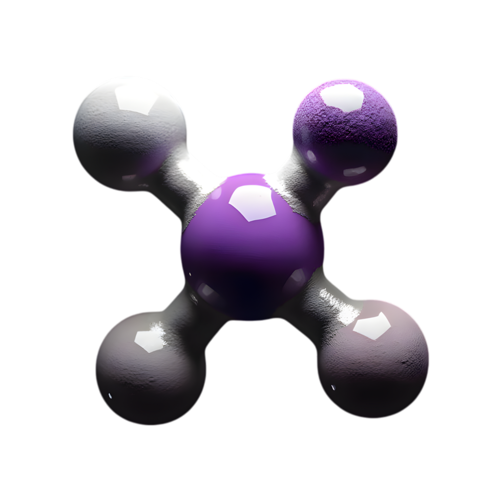Abstract molecular structure with vibrant purple and gray spheres on black background, scientific visualization detail png