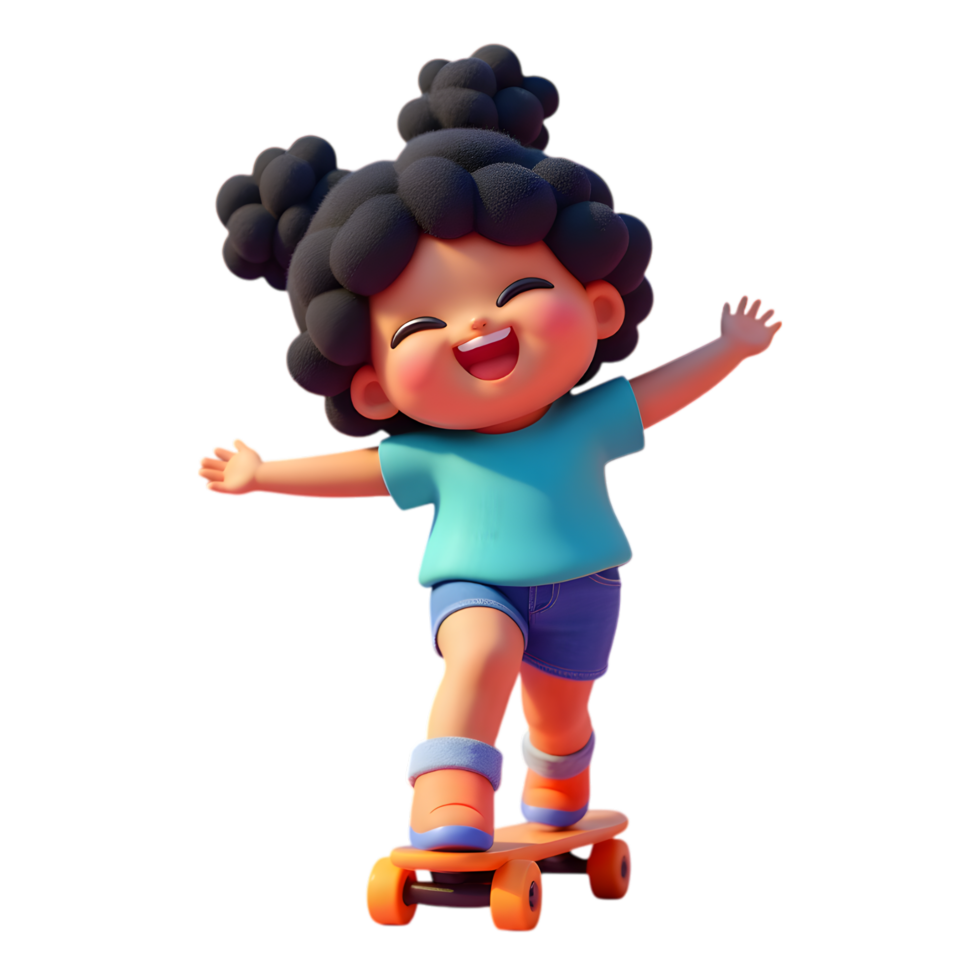 Cheerful cartoon girl riding a skateboard with joy on transparent background png