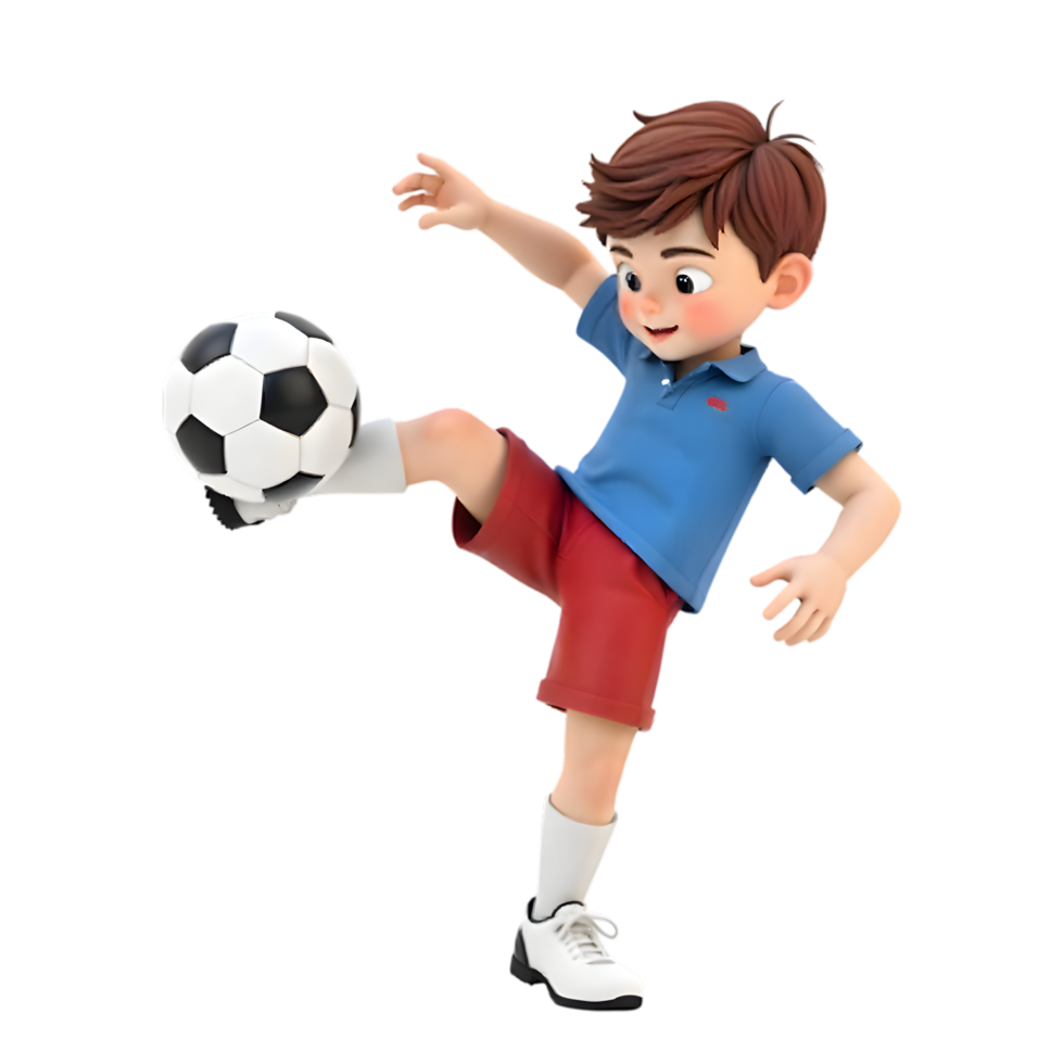 A Charming Cartoon Boy Expertly Kicking a Soccer Ball with Style and Grace png