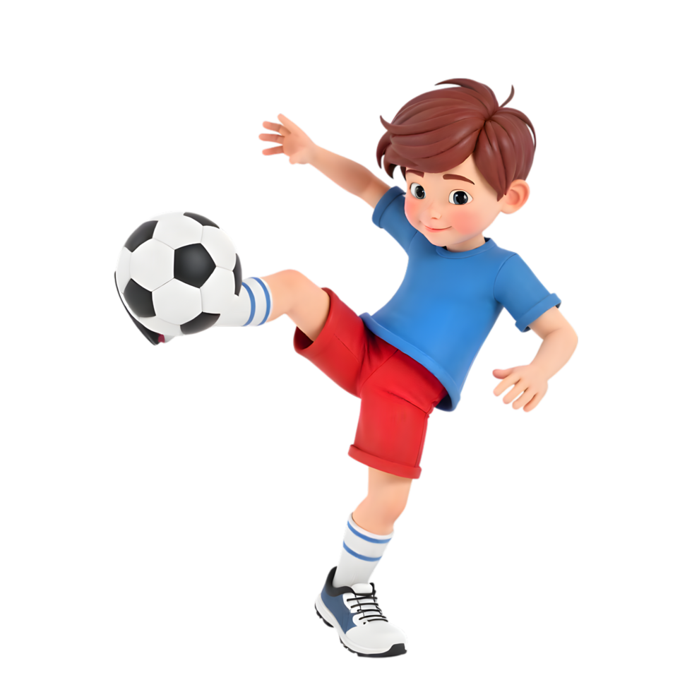 3D Cartoon Boy Kicking Soccer Ball with Determination on Transparent Background png