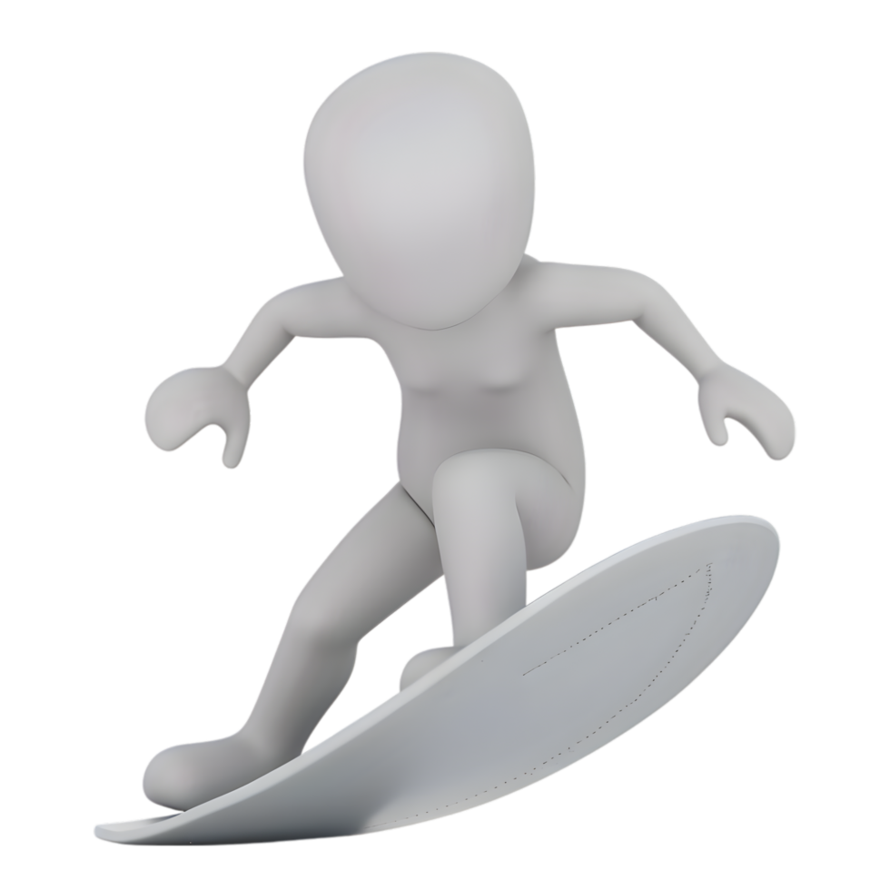 3D Character Surfing with Style on White Surfboard Against Transparent Backdrop png
