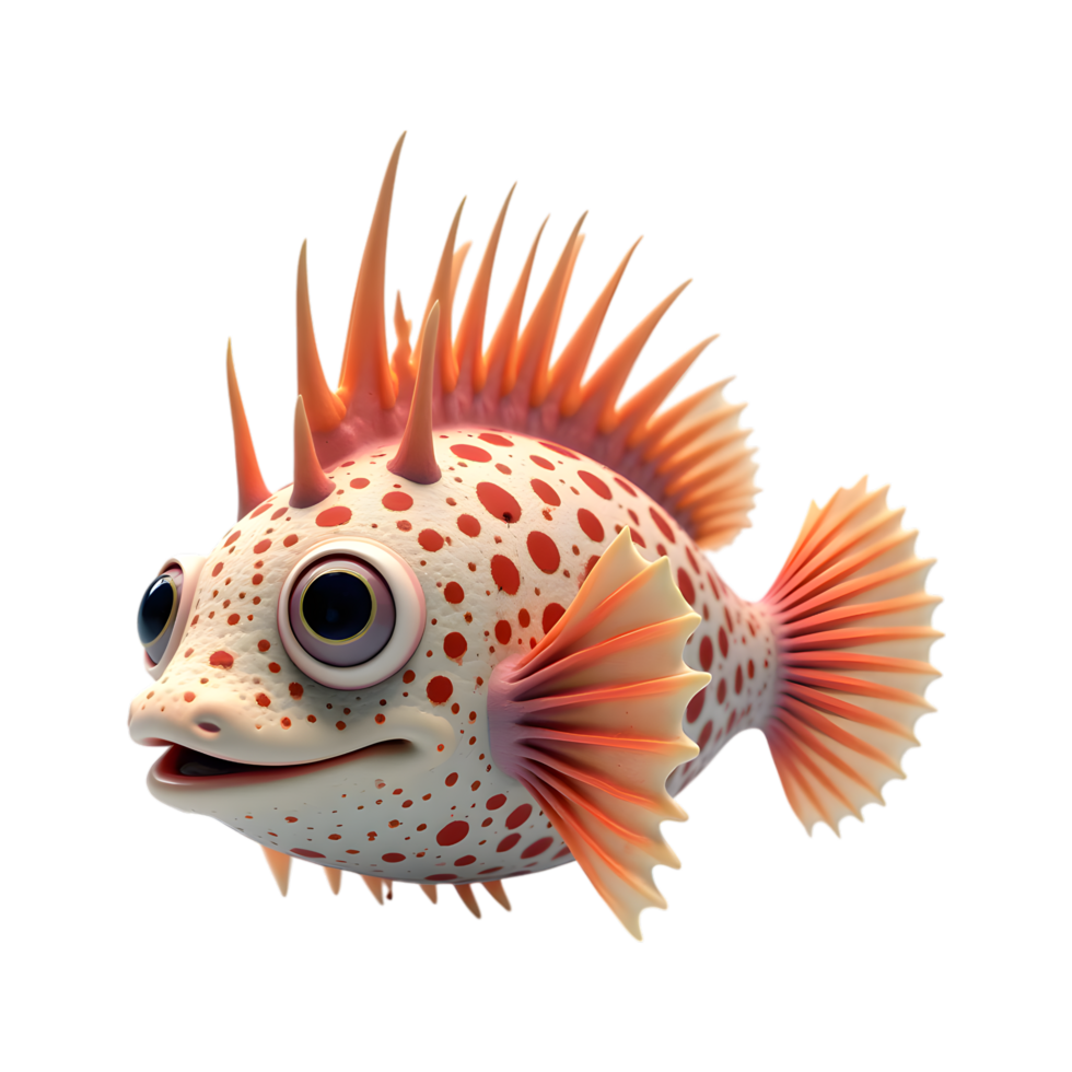 Adorable Cartoon Fish with Spikes and Red Spots Isolated on Transparent Background png