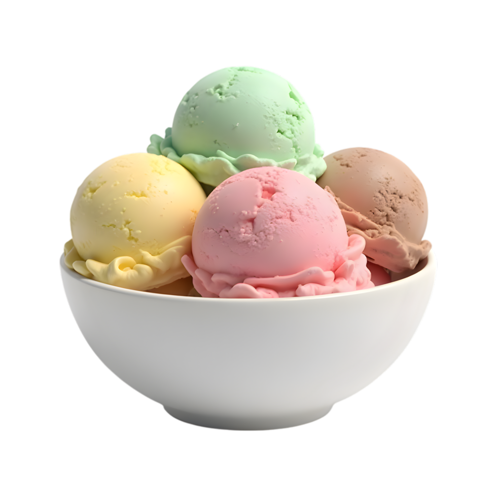 Delicious assortment of ice cream scoops in a bowl, transparent background png
