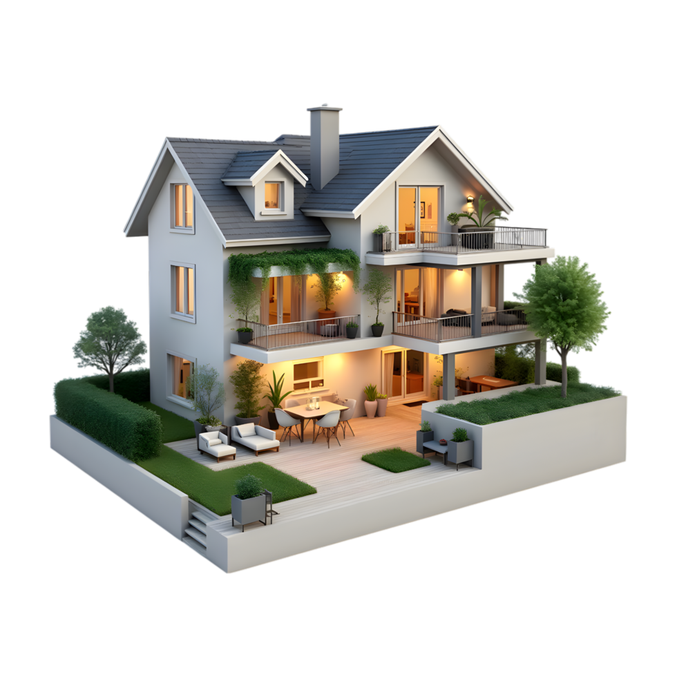 Luxurious Modern House with Balconies and Outdoor Living Area, Transparent png