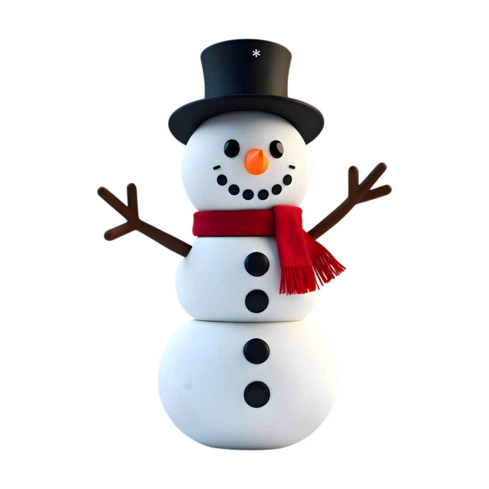 Festive 3D Snowman with a Red Scarf and Top Hat on Transparent Background png