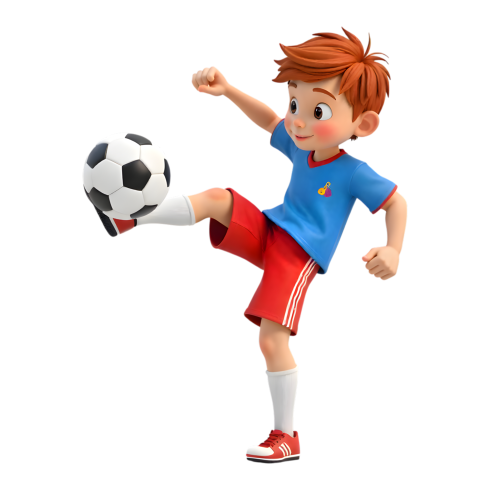 Enthusiastic Cartoon Boy Kicking a Soccer Ball with Precision on Transparent Background png