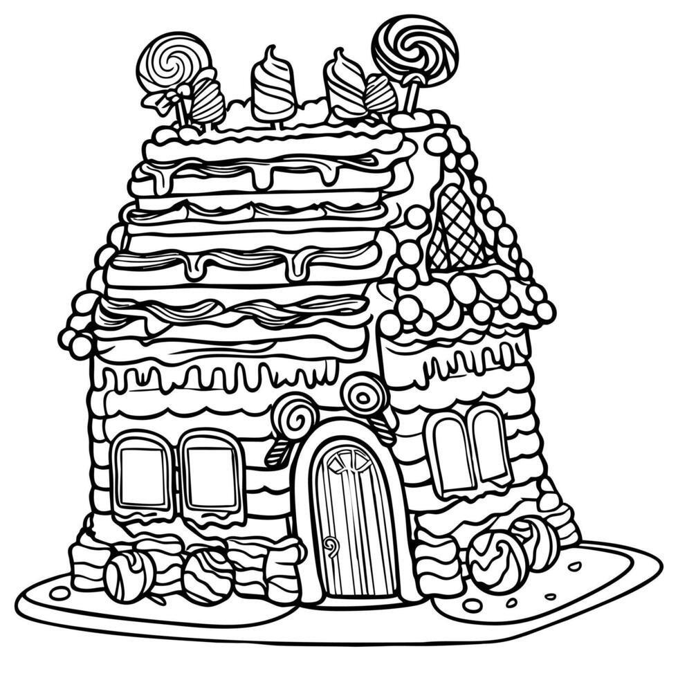 Fantasy Candy House with Lollipops and Sweets Coloring Illustration vector