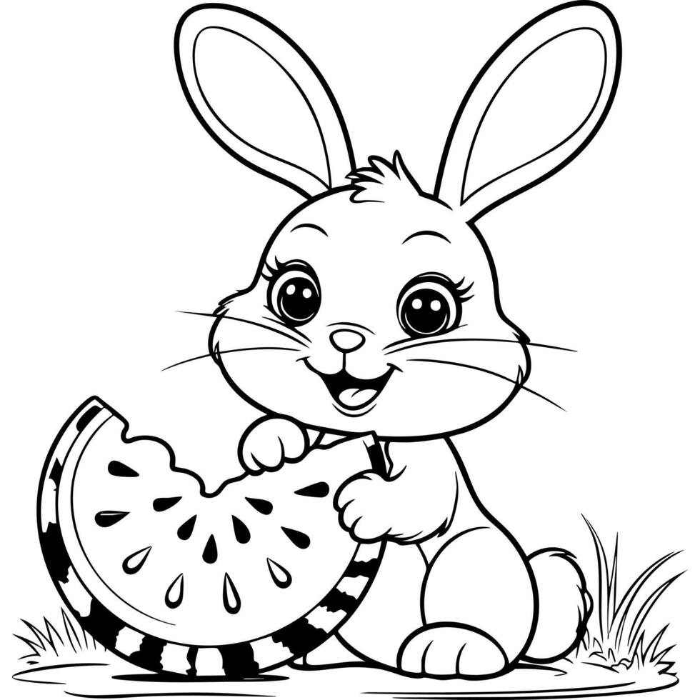Cute Cartoon Bunny Enjoying a Slice of Watermelon for Coloring vector