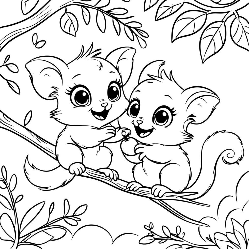 Two Lemurs Sharing Fruit on Tree Branch vector