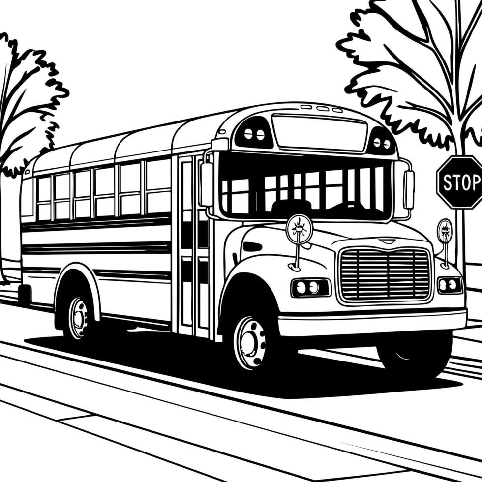 Classic School Bus Stopping on the Road with Trees Around vector