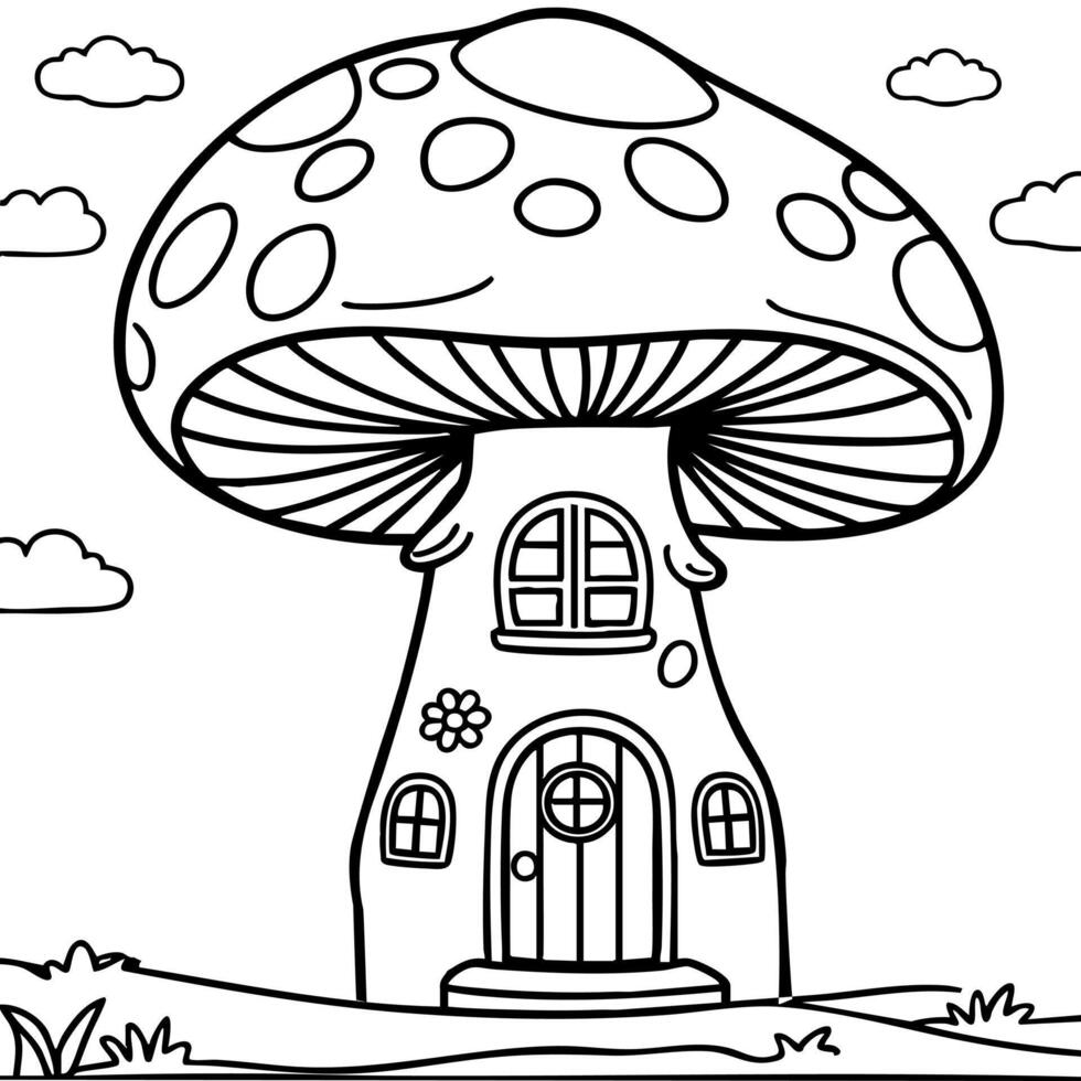 Whimsical Mushroom House Coloring Page with Fantasy Forest Landscape vector