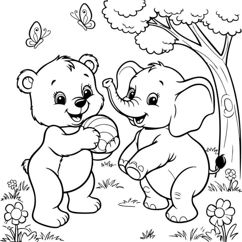 Friendly Elephant and Bear Playing Together with a Ball in the Park vector