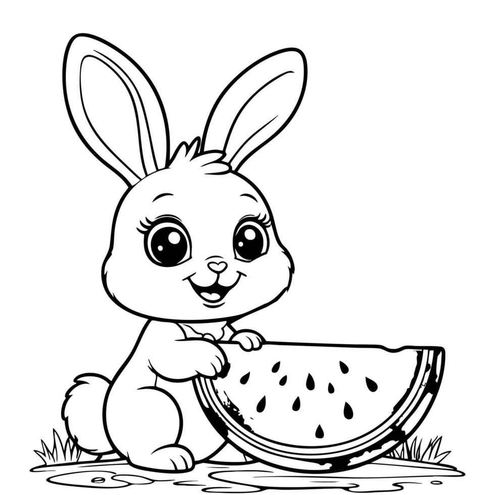 Bunny Eating Watermelon Coloring Page vector
