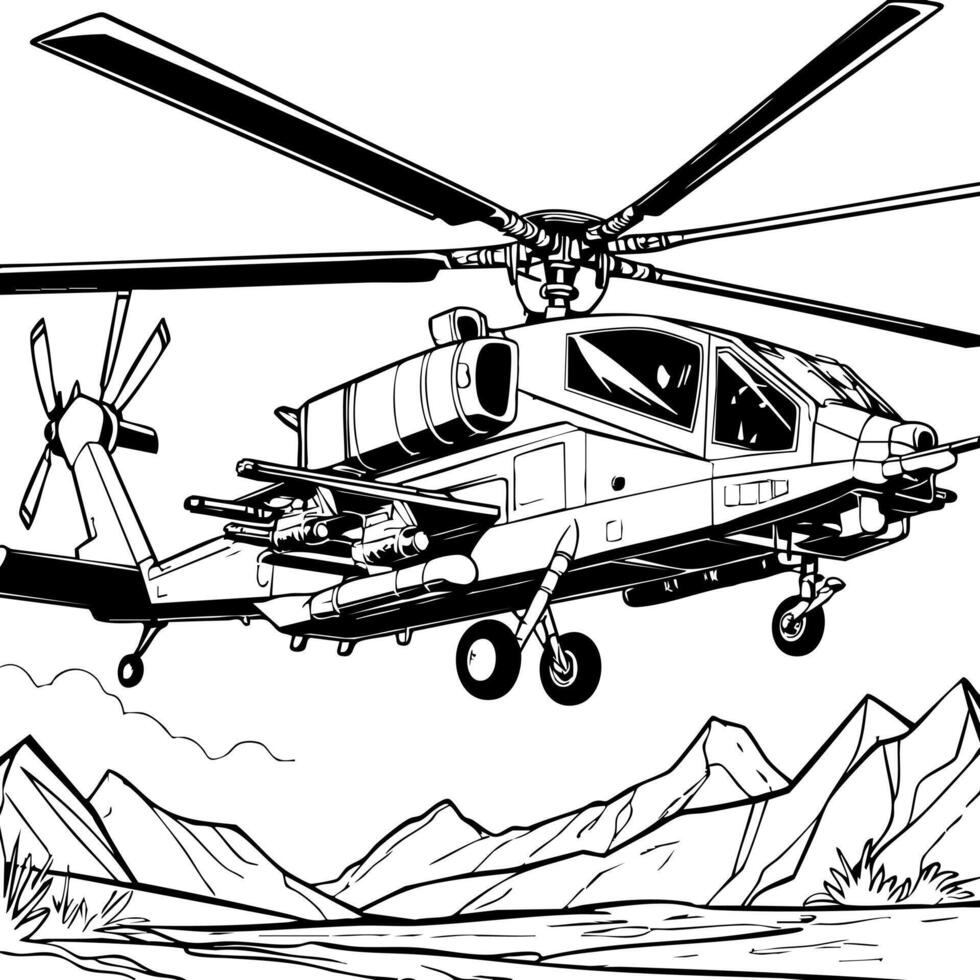 Powerful Attack Helicopter Hovering Over Mountains with Weapons Ready vector