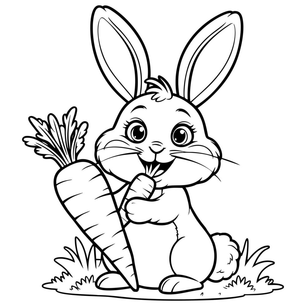 Cute Cartoon Bunny Holding a Big Carrot and Smiling Cheerfully vector