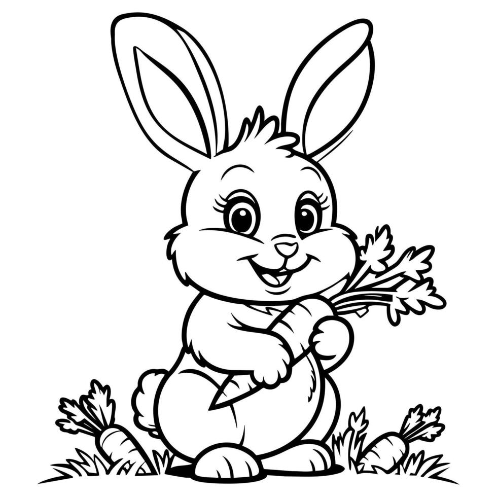 Happy Bunny with Carrot in a Garden Coloring Page vector