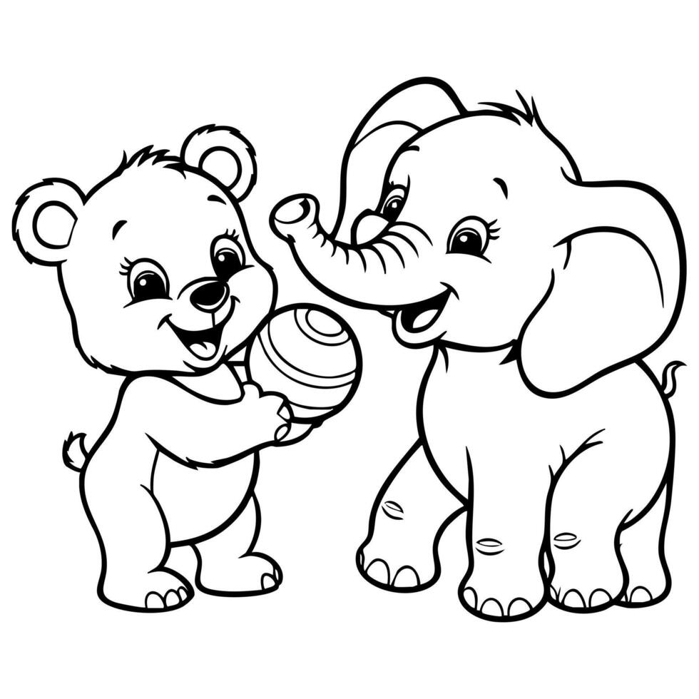 Bear and Elephant Sharing a Striped Ball Together vector