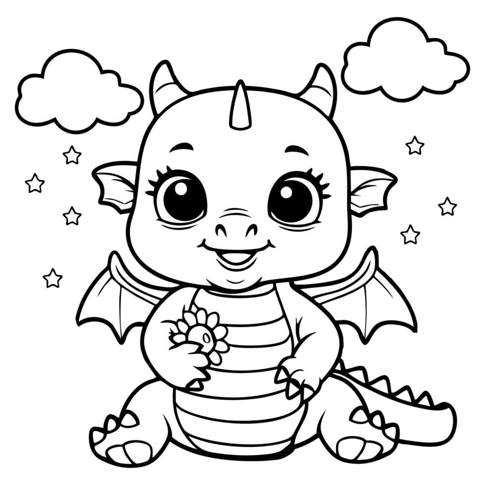 Cute Baby Dragon Holding Flower Coloring Page vector