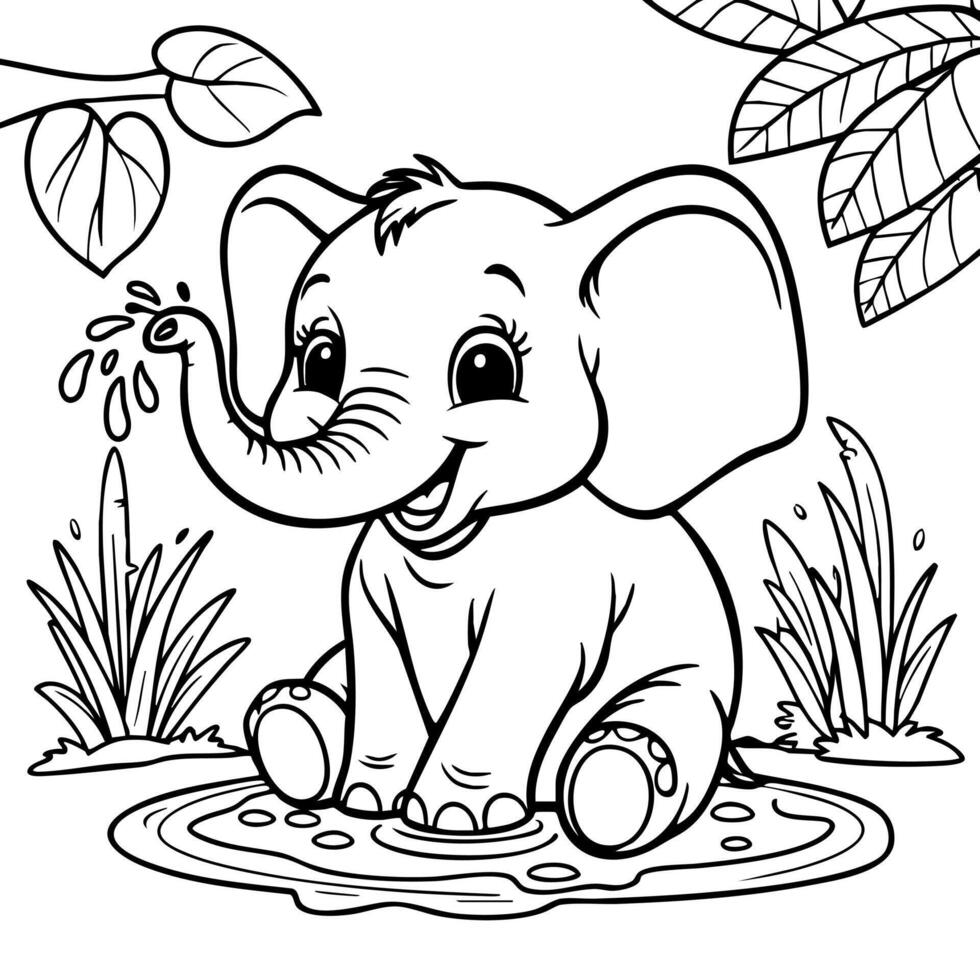 Happy Baby Elephant Splashing Water in a Jungle Pond vector