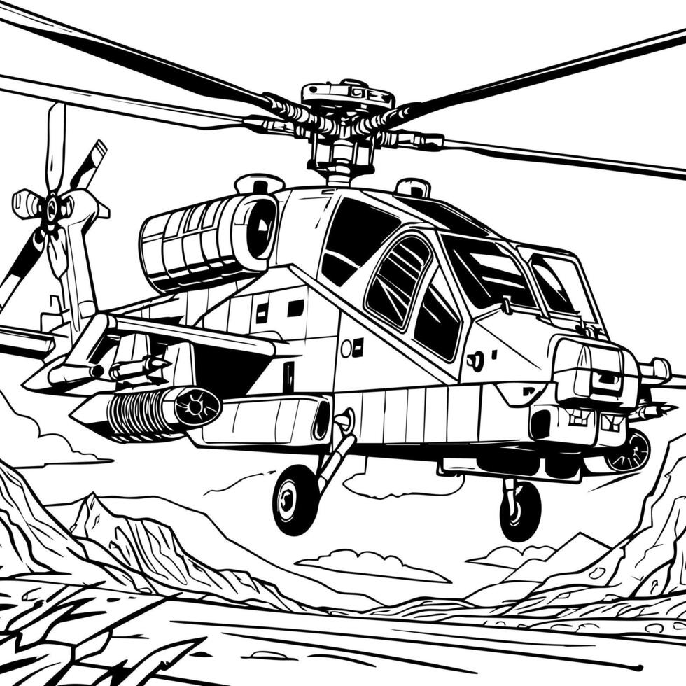 Realistic Military Helicopter Flying Over Rugged Mountain Terrain vector