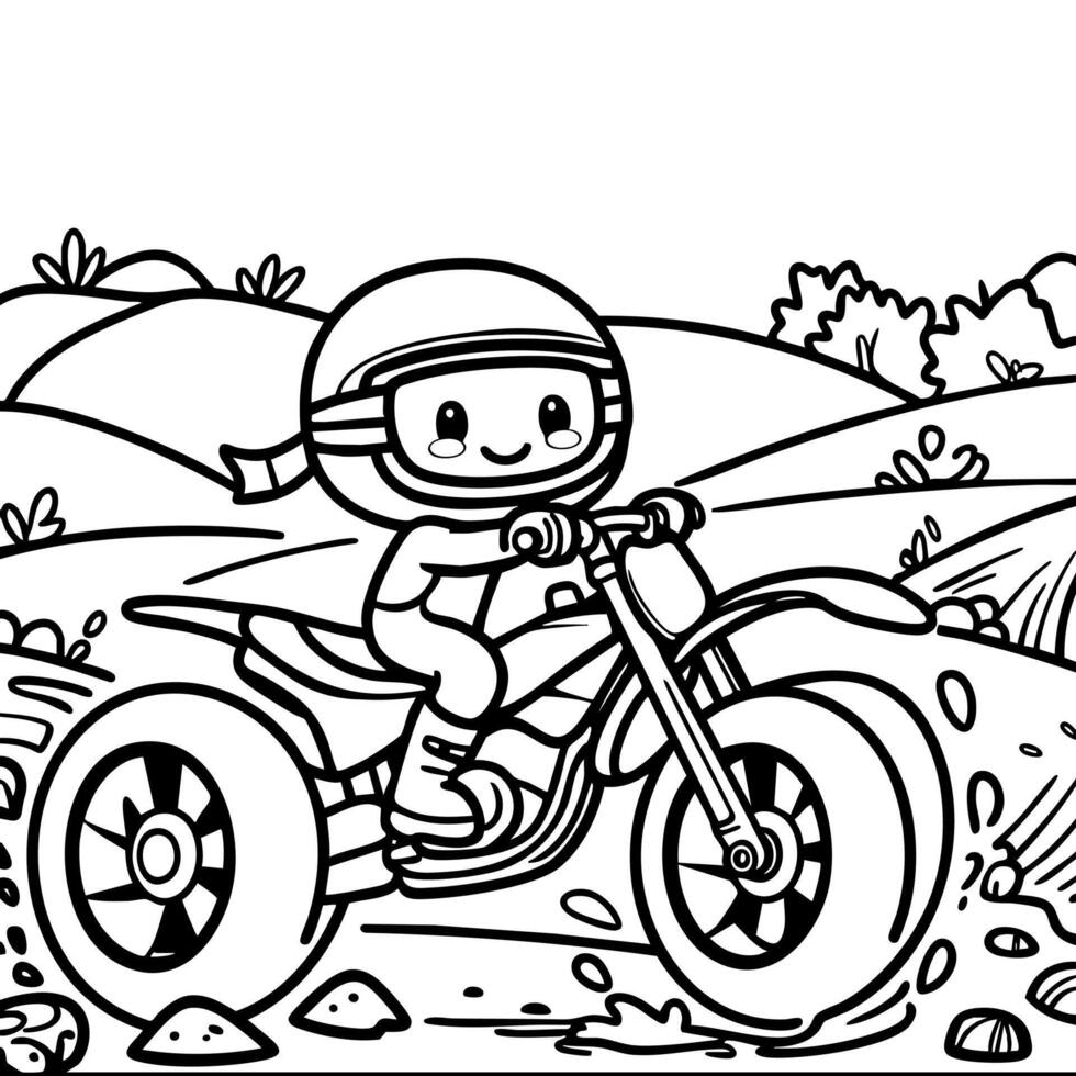 Smiling Cartoon Child Riding a Dirt Bike Across a Bumpy Trail vector