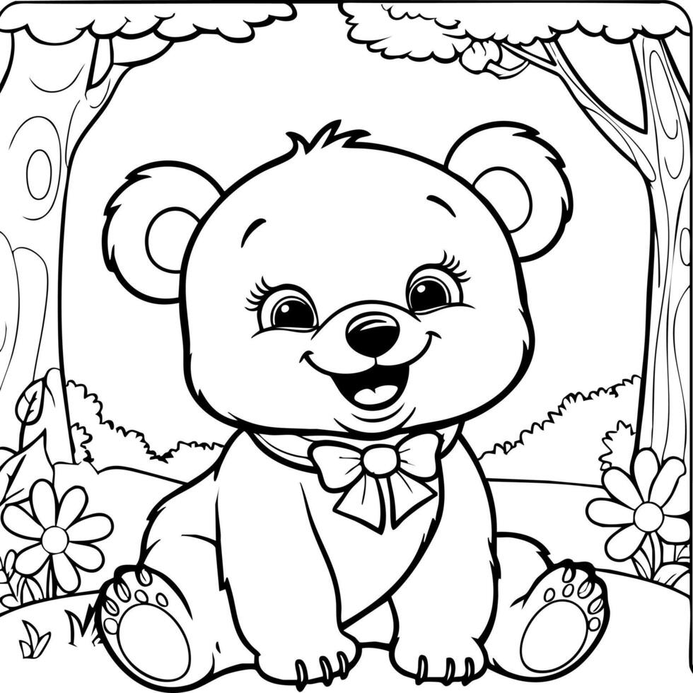 Smiling Baby Bear with Bow Tie in Forest Scene vector