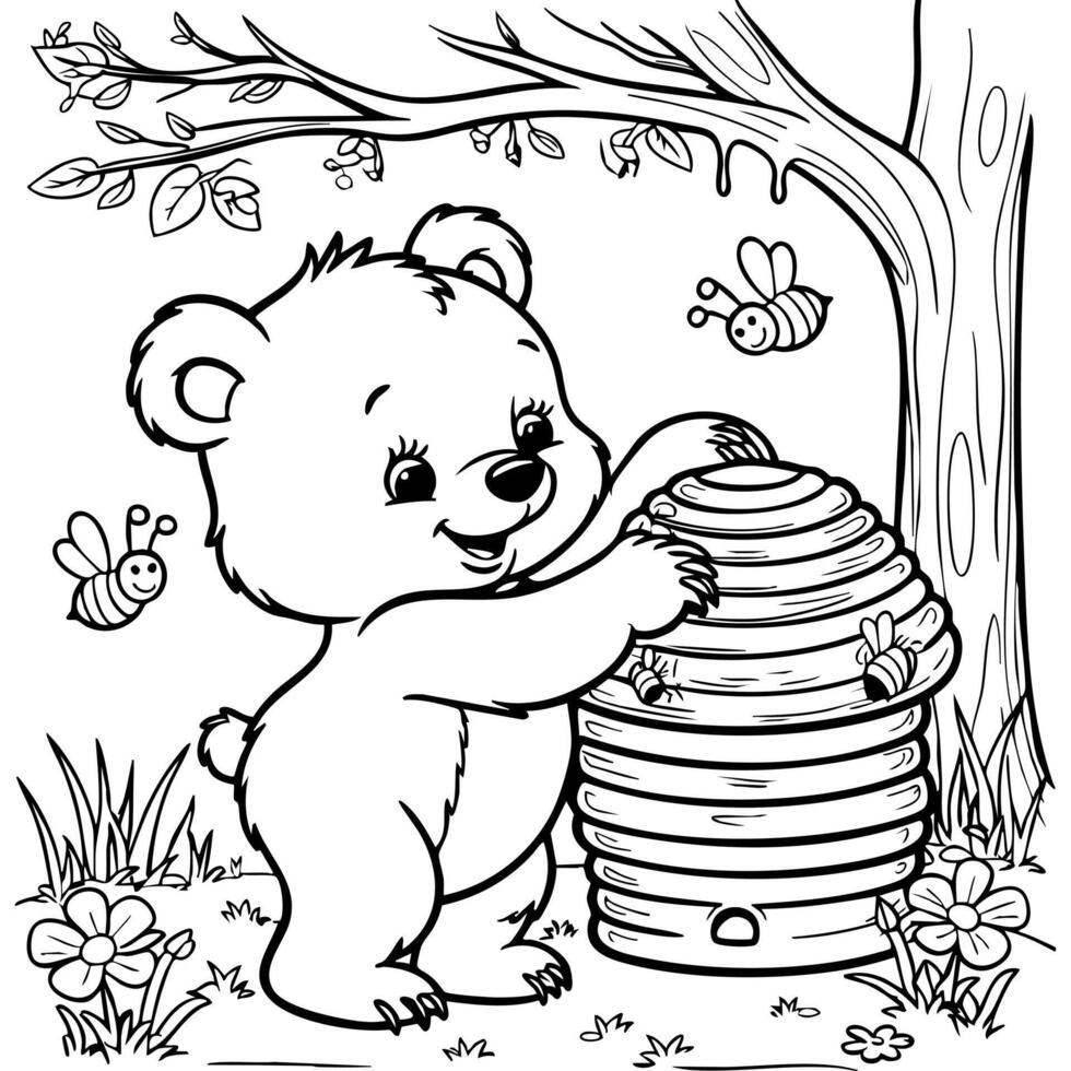 Bear Playing with Beehive Surrounded by Bees and Flowers vector
