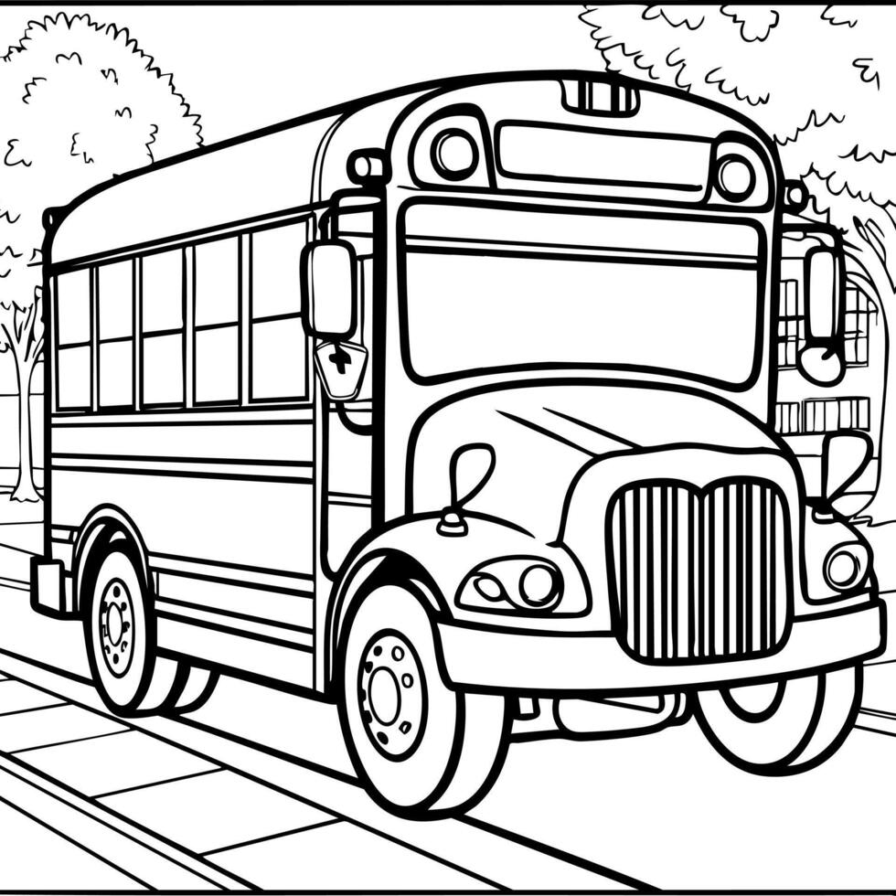 School Bus on a City Road Coloring Page vector
