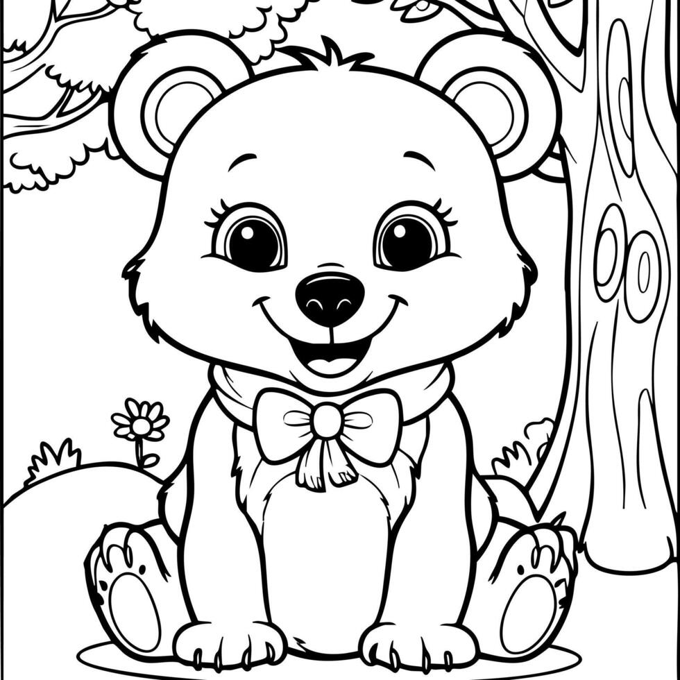 Smiling Bear Cub Sitting Happily in a Peaceful Forest Scene vector