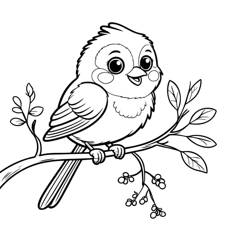Adorable Cartoon Bird Perched on a Tree Branch with Leaves and Berries vector