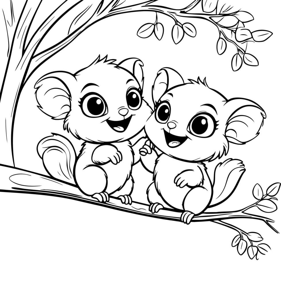 Two Happy Lemurs Sitting on Tree Branch Coloring Page vector