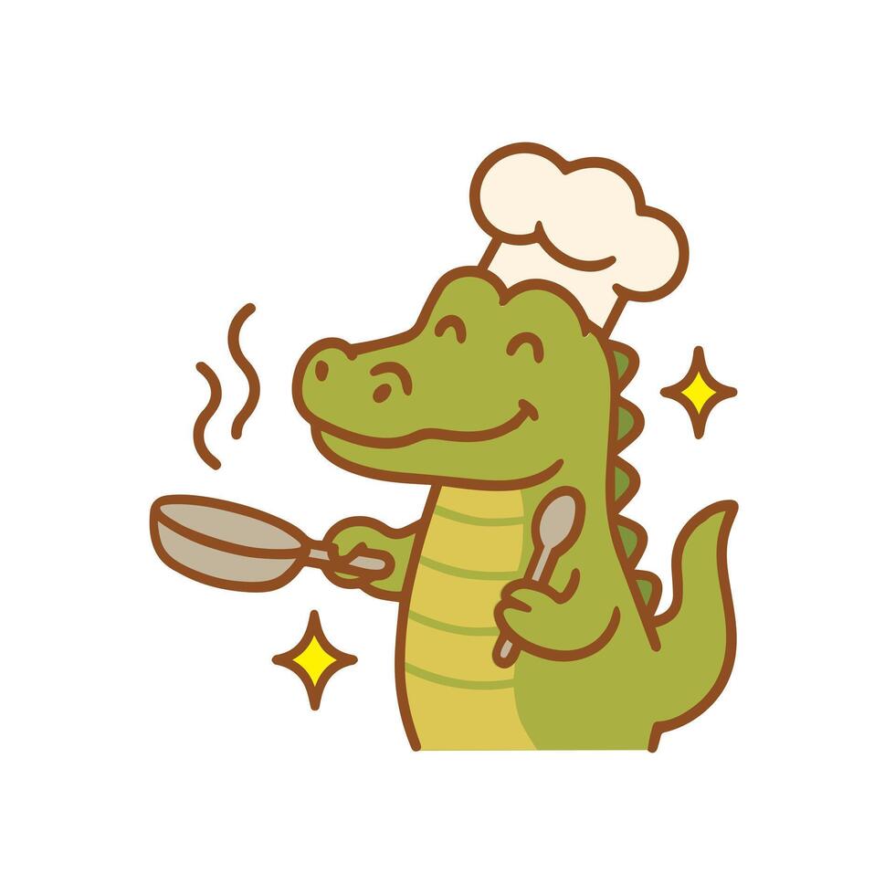 A happy crocodile chef cooking with a frying pan and a spoon. vector