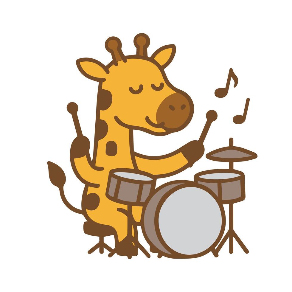 Giraffe drummer playing a drum set, with musical notes. vector