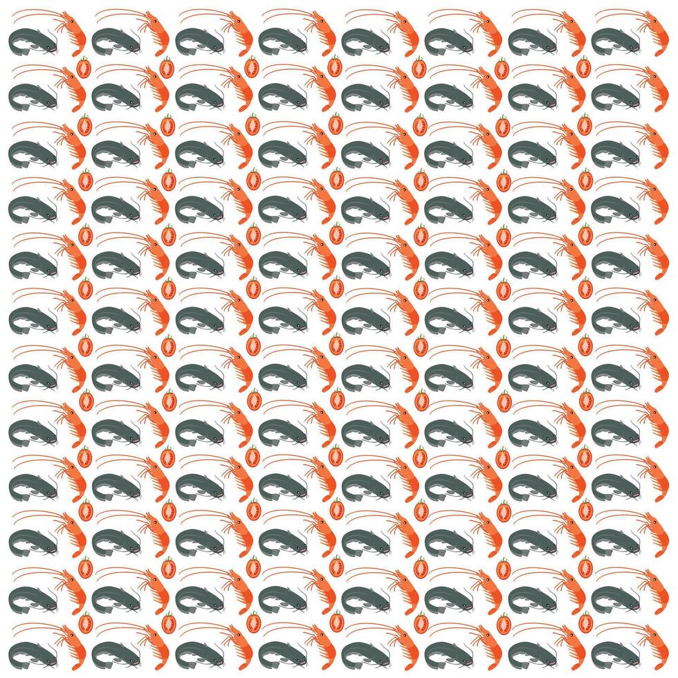 catfish, shrimp with tomato as a pattern background vector