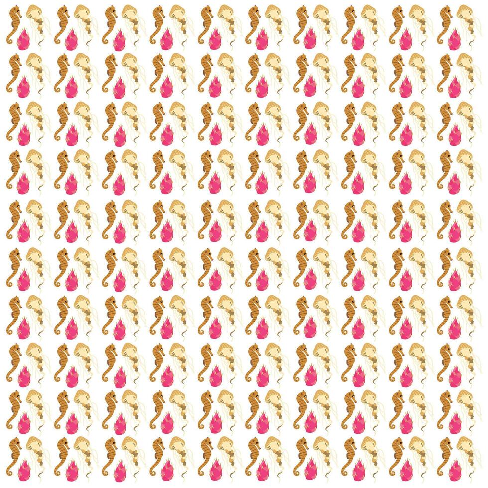 jellyfish, seahorses and dragon fruit as a pattern background vector